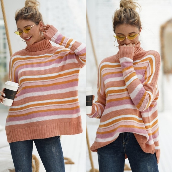 Sweaters - Oversized striped turtleneck sweater